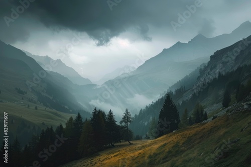 View of beautiful moody landscape in the Alps - generative ai