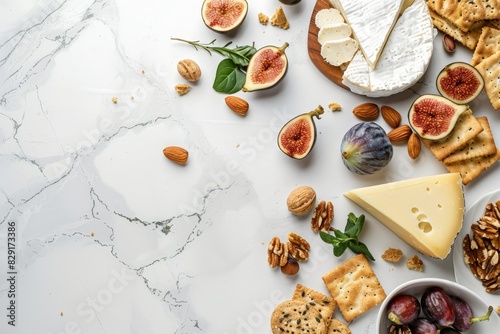 Assortment of cheese figs nuts and crackers on marble background with copy space