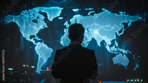 silhouette of businessman contemplating global expansion glowinthedark world map conceptual photo