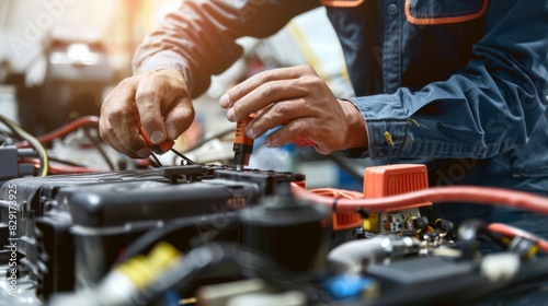 skilled technician maintaining car battery automotive electrical system checkup concept photography