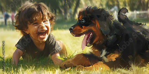 A smiling child plays with a joyful puppy at the park, laughing as they chase each other