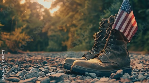 solemn military boots and american flag honoring fallen soldiers on memorial day conceptual photography