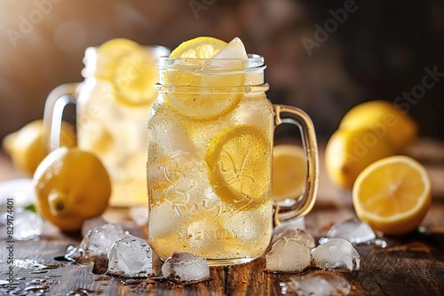 Lemonade with ice in a pitcher and glass on a wooden table with fruit and crushed ice