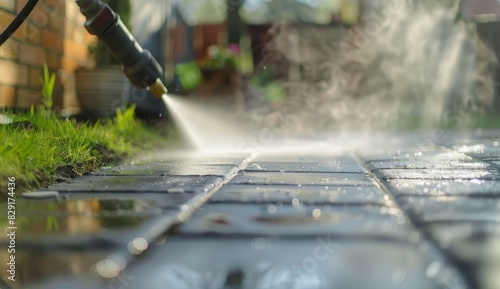 Blurred image of spring cleaning backyard pathway with high pressure washer