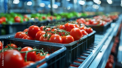 tomatoes arranged in plastic crates on conveyor belt for sorting in food processing plant digital illustration