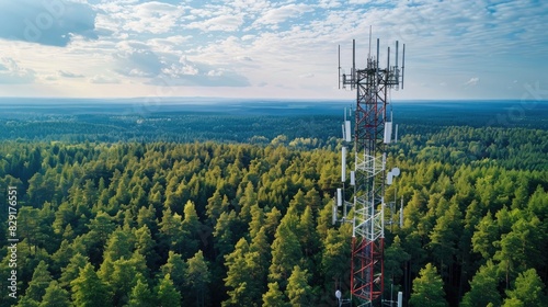telecommunication tower with cellular antennas for 5g mobile internet network on forest and blue sky background