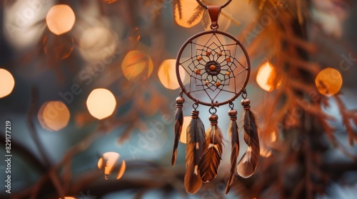 A statement necklace made from leather and copper featuring a handcrafted dreamcatcher centerpiece and dangling feathers.