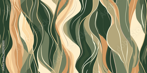 Seamless pattern with flowing organic shapes, inspired by nature in beige on olive green background. Earthy tones of sage and khaki for contrast. Abstract trendy spring, summer dress print. Hand drawn
