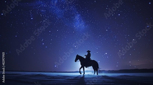 A lone cowboy riding a powerful horse their shadows stretching across the sand as they perform a daring trick under the shining stars.