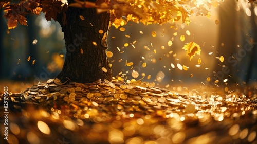 golden gold coin tree has coins as leaves that fall on ground, idea for limitless income, wealth and prosperity, rich and successful business growth