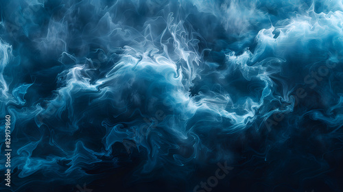 Abstract ocean waves in deep blue and teal colors, smoke texture against a dark background, water pattern in the fluid art style