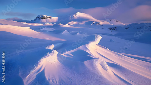 Artistic shot of a snow-covered landscape at sunrise, with light casting long shadows and emphasizing the crisp, cold details.