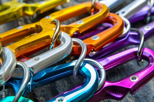 Colored metal carabiners for climbing shown in a photo