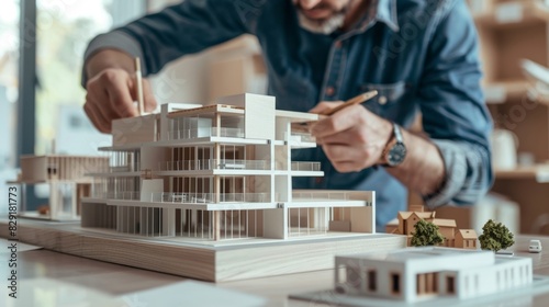 Two construction workers studying the architectural model as they plan the next phase of the project.