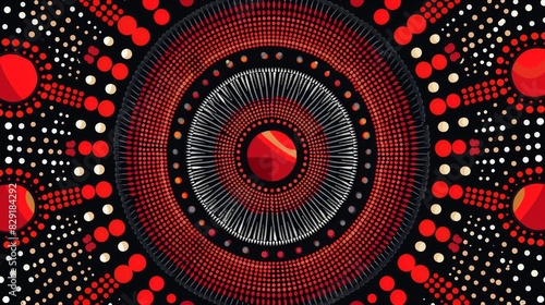 Shaded in red, African dot-and-circle geometric patterns often consist of complex arrangements of circles. The spots are inspired by traditional African art and patterns. which represents cultural he