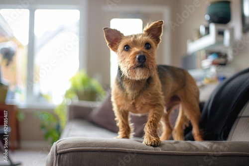 Curious Welsh Terrier on couch gazes at camera