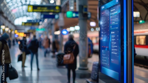 A digital kiosk at a busy train station provides realtime information on service disruptions and alternative modes of transportation keeping passengers informed during unexpected events.