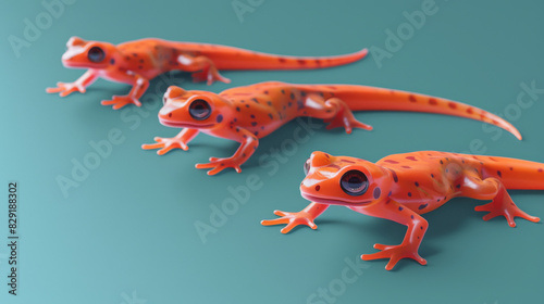 A vibrant group of three red spotted newts pose dynamically on a teal background, showcasing their distinct patterns.