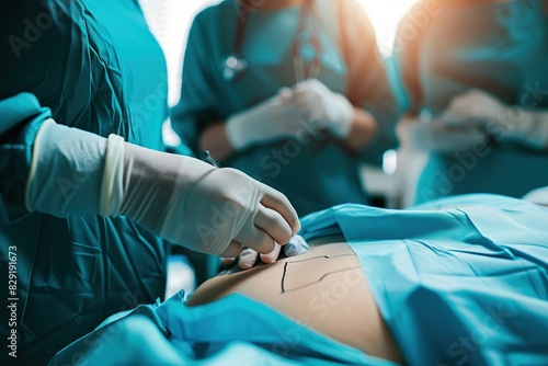 Doctors performing abdominoplasty surgery in the hospital. Focus on male plastic surgeon doing abdominal plastic surgery in operating room. Concept of tummy tuck and cosmetic surgery