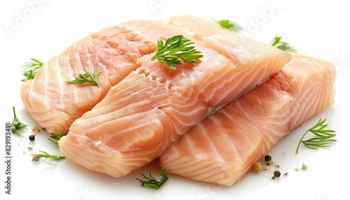 isolation of uncooked fish on white backdrop