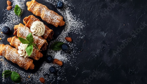 Italian cannoli dessert on dark background top view with copy space