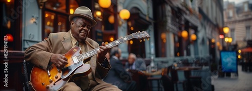 An elderly Afro-American man dressed in a suit and hat, sitting and playing guitar on the city streets, copy space.