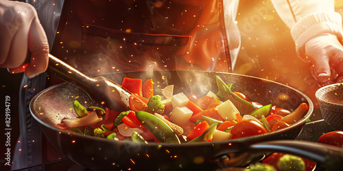 A chef expertly sautées fresh vegetables in a sizzling pan