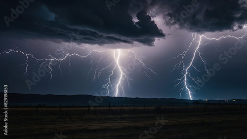 Powerful Lightning Storm Over City Power Lines at Night