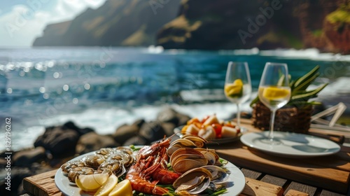 A perfect blend of land and sea with a savory seafood platter served on a dock nestled between towering cliffs and serene ocean waters.