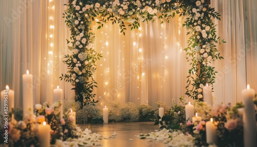 Luxurious wedding reception with trendy decor featuring a photo wall candle and flower decorations and greenery