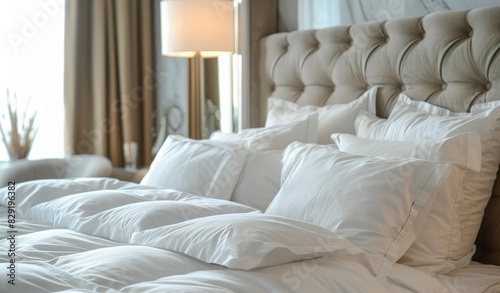 Luxury bedroom with white bedding and laundry service for bed linens