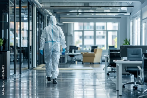 Man in hazmat suit cleans office furniture to prevent COVID 19 spread in quarantined city