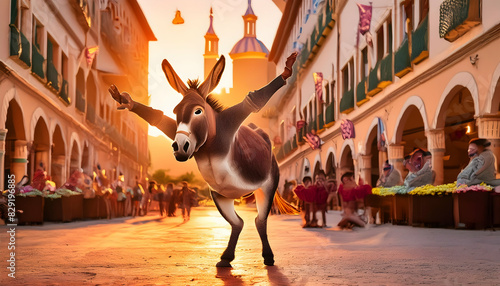an animated GIF of a donkey doing a funny dance routine, with playful movements and a joyful, comedic vibe