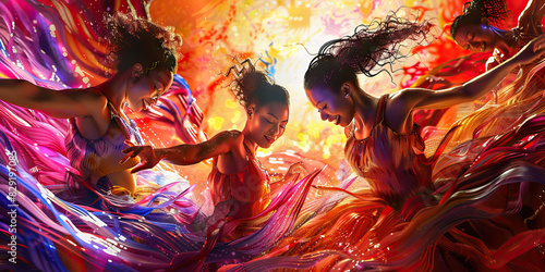 A group of dancers twirl in unison creating a whirlwind of dance.