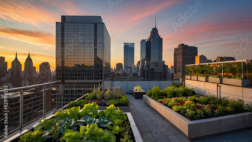 rooftop garden in a metropolitan city during sunset
