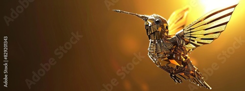 Capture a robotic hummingbird, its metallic feathers gleaming under a golden sunset, propped at a dynamic tilt, revealing intricate gears and detailed nanotech sensors