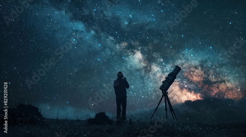 Silhouette of a man outdoors with his telescope observing outer space on a clear night, with a view of the star dust of the milky way galaxy in the background.