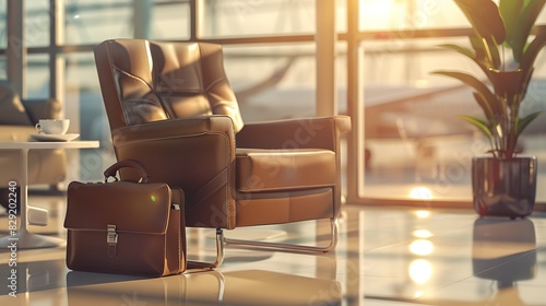 A high-definition shot of a comfortable armchair with a briefcase and a coffee cup beside it in a brightly lit airport lounge