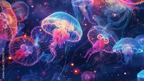 luminescent jellyfish swimming in a sea of glowing underwater creatures digital art