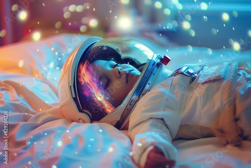 Dreaming child imagines space adventure in astronaut helmet