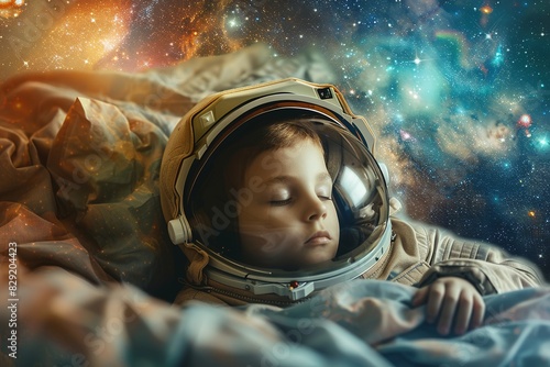 Dreaming child imagines space adventure in astronaut helmet