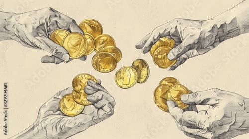 Different Investments of Gold Coins by Servants in Parable of Talents, Biblical Illustration, Beige Background, Copyspace