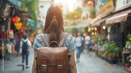 A young woman tourist with a backpack is walking down the street in a tropical city. Seen from behind with a focus on the girl and a blurred background of buildings and shops. This depicts a travel co