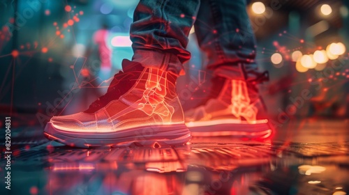 Man experiencing ankle pain, with a double exposure of a pain chart and red hologram illustration