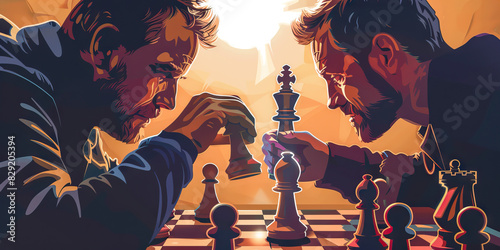 A chess master strategizes their next move against a determined opponent, both players focused intently on the game