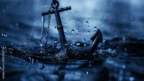 An anchor with a chain sticking out of the water, the sea is calm and dark blue, the background has a little misty effect, there is some splashing on top of it, in the style of hyper realistic photogr