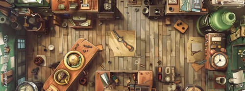 Illustrate a whimsical top-down view of a quirky inventors workshop