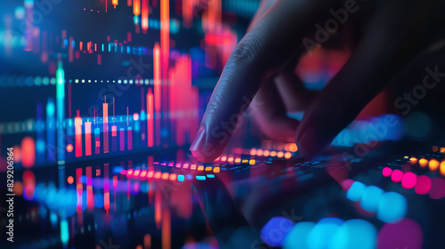 Close up of hand touching digital screen with stock market graph and candlestick chart going down, background is blurred dark colorful abstract background with light bokeh effect