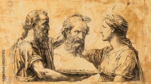 John the Baptist Beheading Scene with Herodias' Daughter and Platter, Biblical Illustration, Beige Background, Copyspace