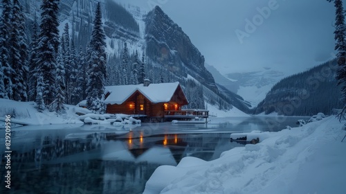 Experience the stunning beauty of Emerald Lake in Yoho National Park, British Columbia. The snow-covered landscape and glowing wooden lodge nestled in the rocky mountains